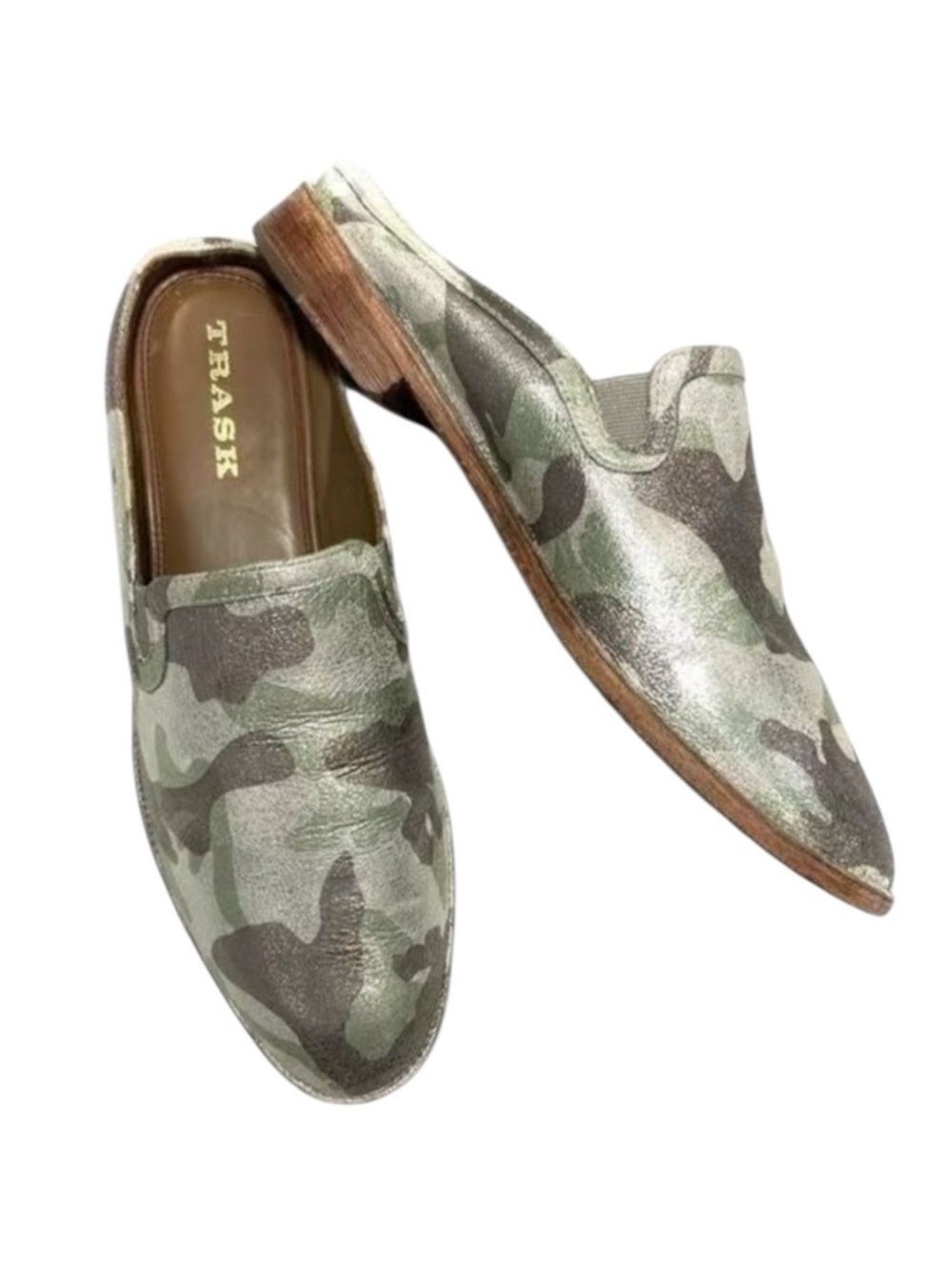 Trask Womens 9 Metallic Camo Brazilian Leather Slip On Mule Shoe